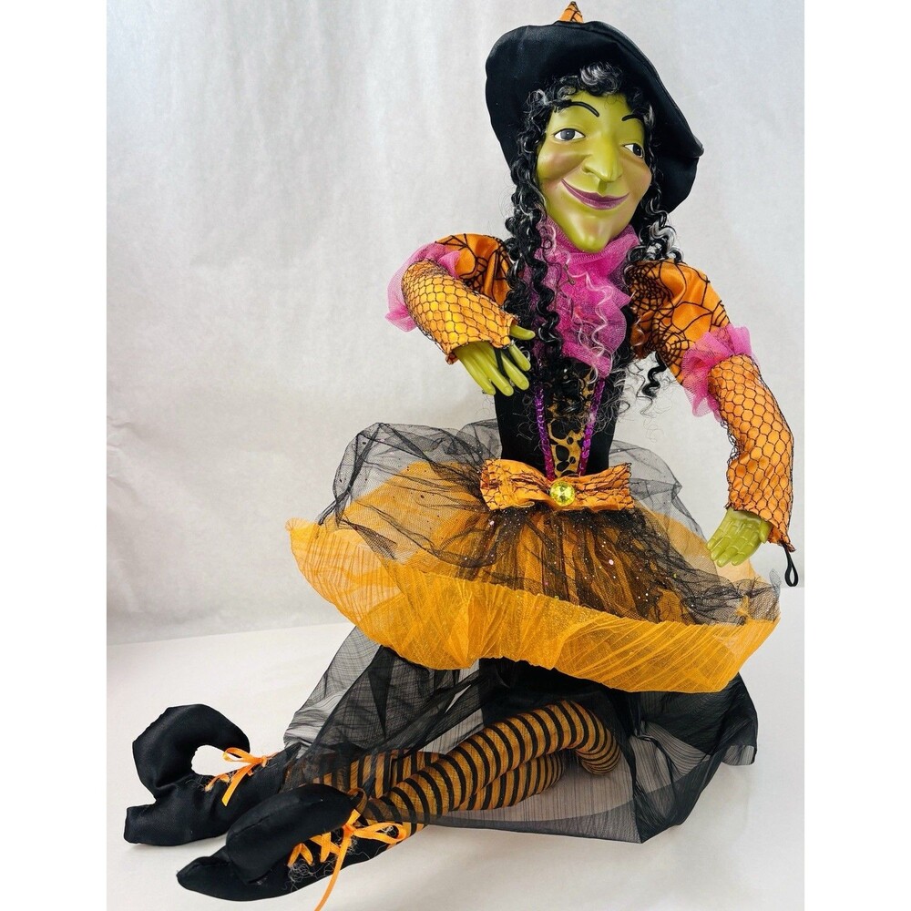Vintage Witch Doll Shelf Sitter 30” Halloween Decor Orange Black Spooky Cute!